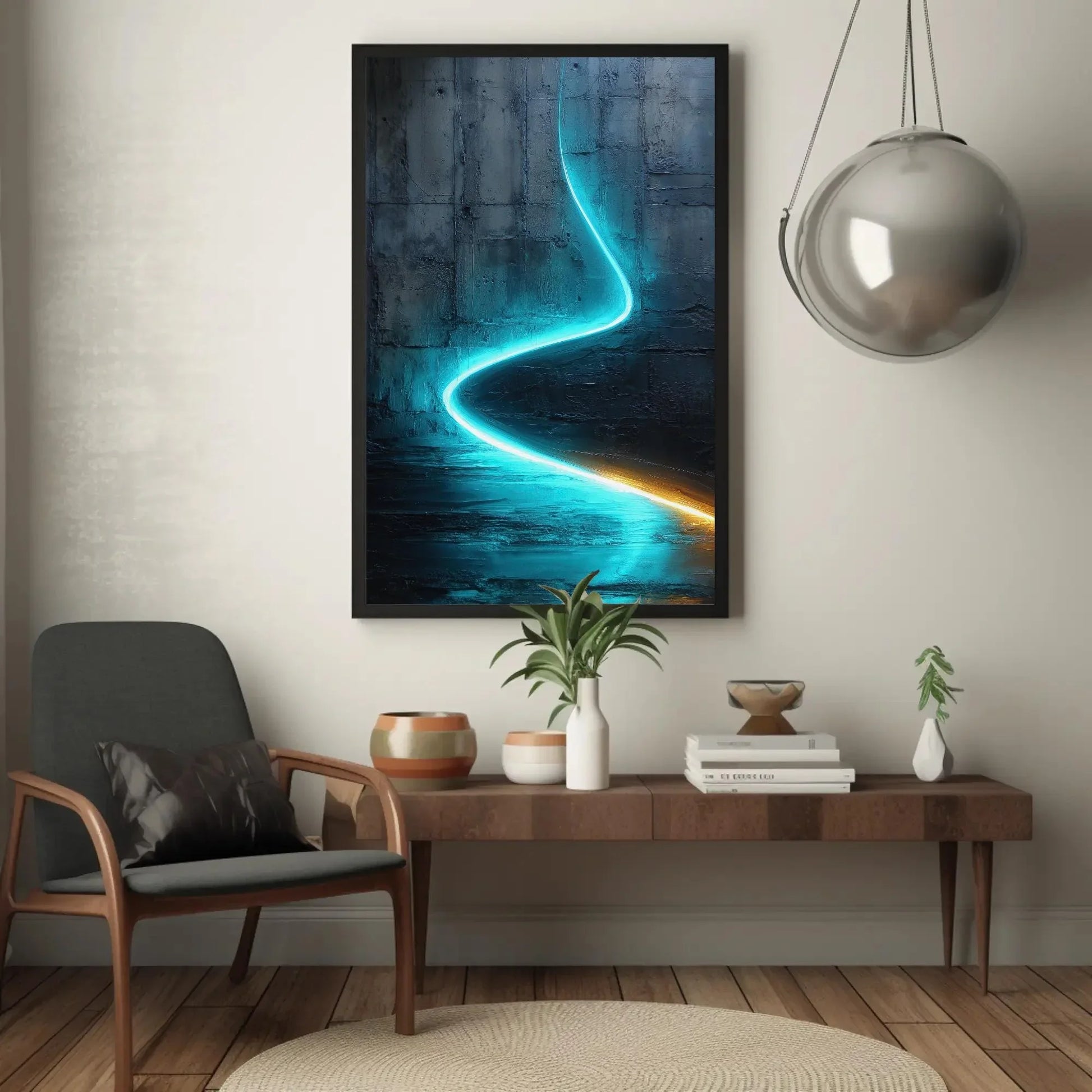 Cyan Blue Abstract, Industrial Wall Art, Textured Canvas Print, Modern Minimalist Painting, Luminous Line Art, Edgy Decor, Statement Piece Wall Art – Canvas Print