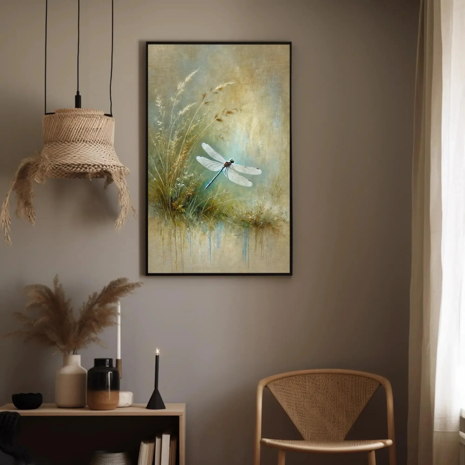Dragonfly Sage Green Painting Canvas Print, Minimalist Nature Wall Art, Botanical Decor, Tranquil Dragonfly Art, Ready to Hang Wall Art – Canvas Print