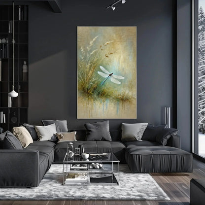 Dragonfly Sage Green Painting Canvas Print, Minimalist Nature Wall Art, Botanical Decor, Tranquil Dragonfly Art, Ready to Hang Wall Art – Canvas Print