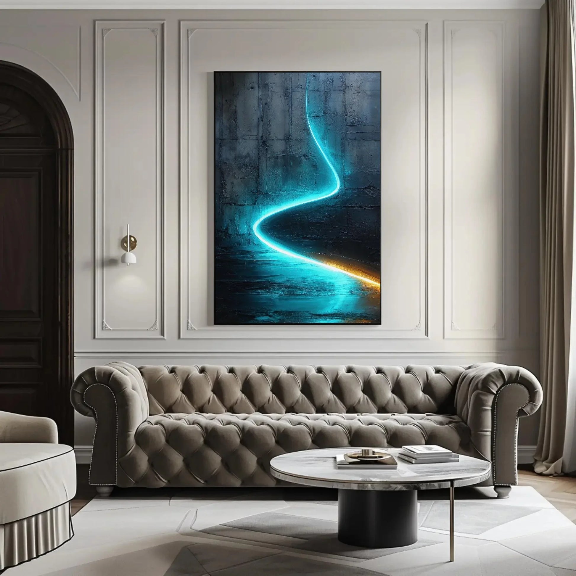 Cyan Blue Abstract, Industrial Wall Art, Textured Canvas Print, Modern Minimalist Painting, Luminous Line Art, Edgy Decor, Statement Piece Wall Art – Canvas Print