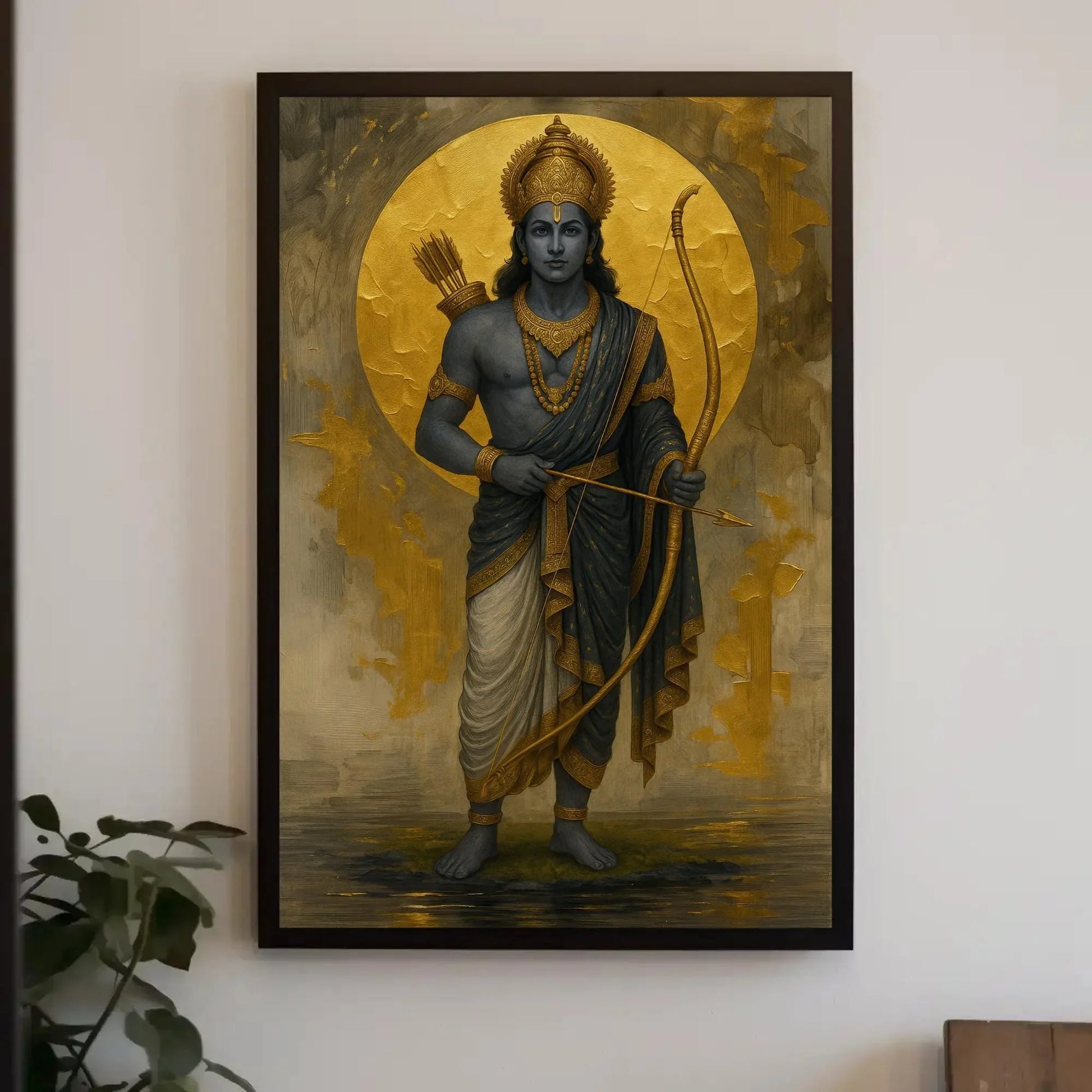 Lord Rama canvas print Golden Moon Hindu god archery painting spiritual Ramayana art wall decor for home mandir or puja room setting Wall Art – Canvas Print