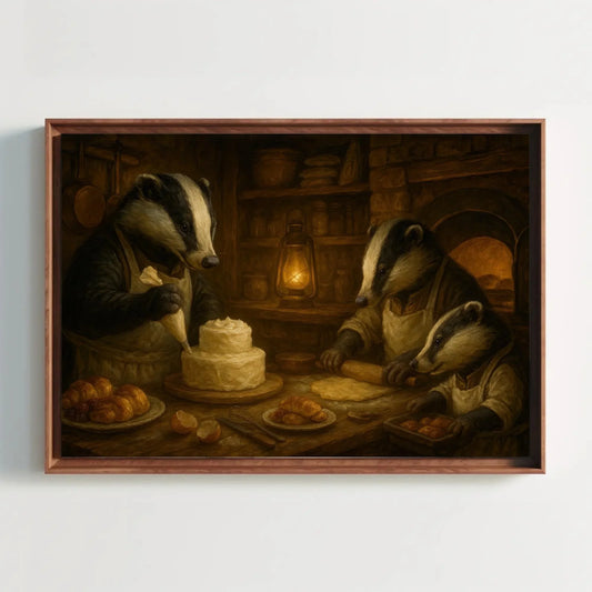 Badgers Midnight Bakery Canvas Print | Cozy Kitchen Wall Art | Vintage Animal Chefs Decor | Storybook Baking Giclée Wall Art – Canvas Print