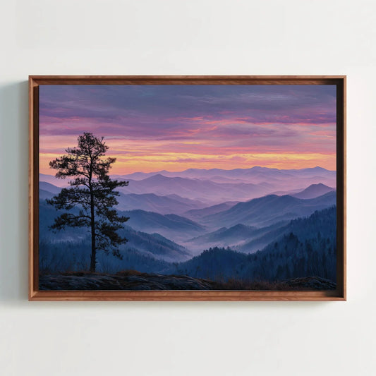 Misty Mountain Sunrise Canvas Print - Pastel Landscape Wall Art, Serene Pine Tree Painting, Tranquil Valley Decor, Nature Escape Artwork Wall Art – Canvas Print