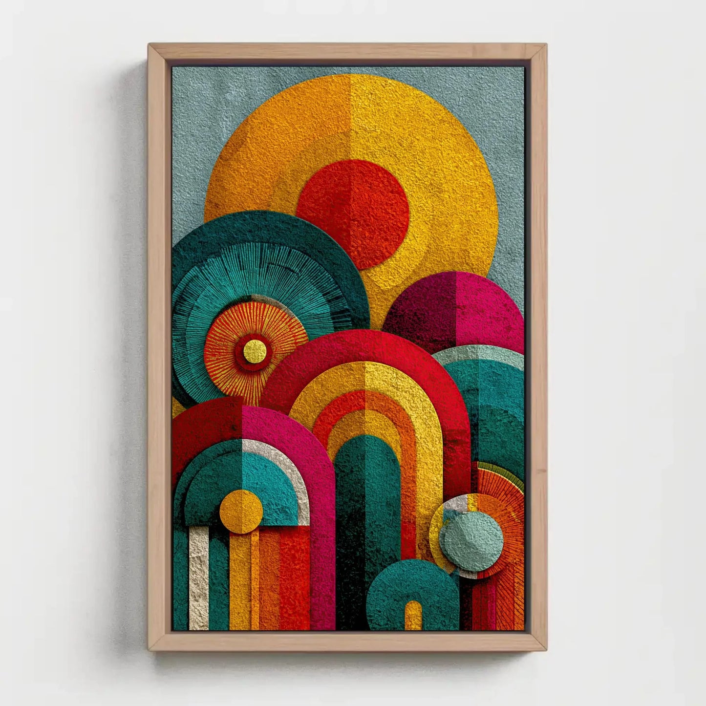 Retro Geometric Canvas Art, 70s Inspired Abstract Print, Vibrant Dopamine Decor, Yellow Orange Pink Teal Wall Art, Textured Circle Design Wall Art – Canvas Print