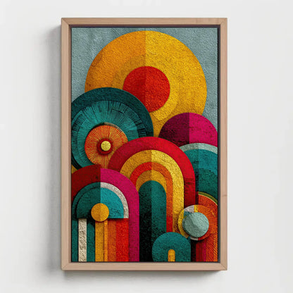 Retro Geometric Canvas Art, 70s Inspired Abstract Print, Vibrant Dopamine Decor, Yellow Orange Pink Teal Wall Art, Textured Circle Design Wall Art – Canvas Print