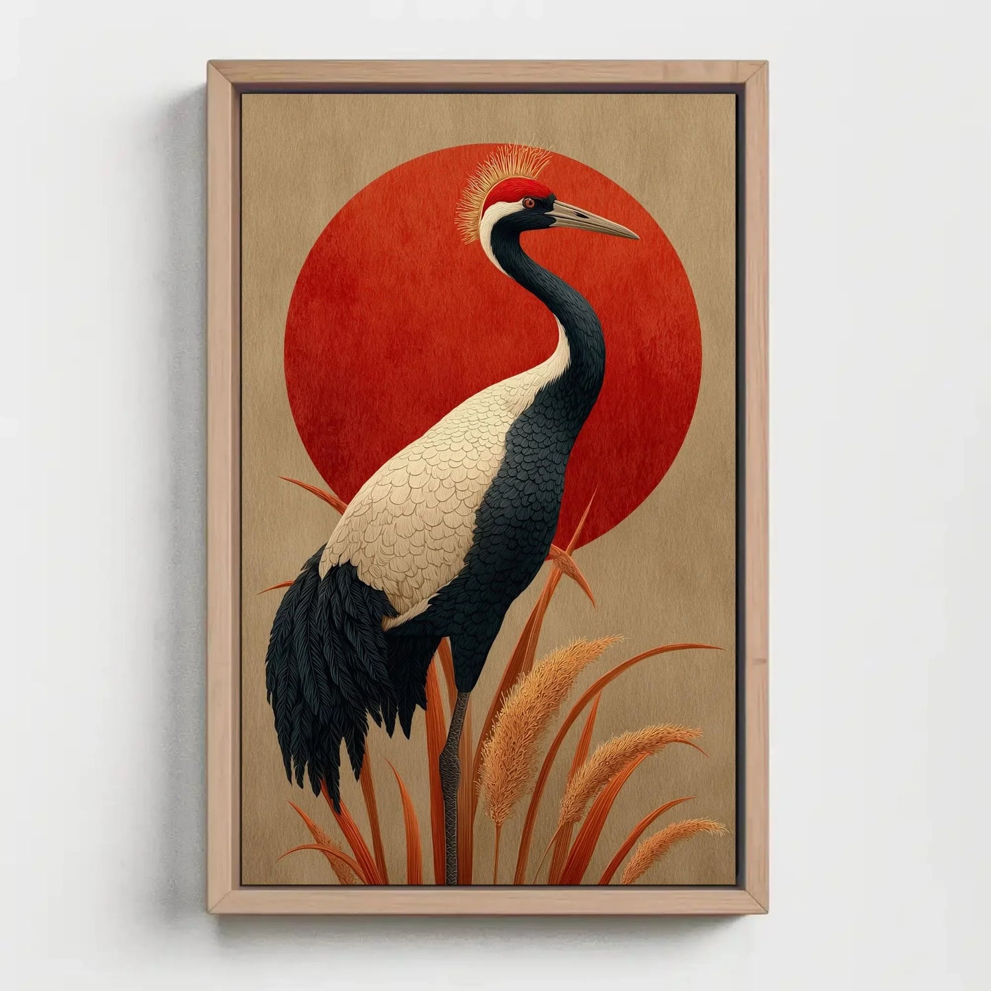 Japandi Crane Canvas Print, Red Sun Japanese Wall Art, Minimalist Bird Decor, Beige Neutral Zen Artwork, Serene Nature Gift for Home Wall Art – Canvas Print