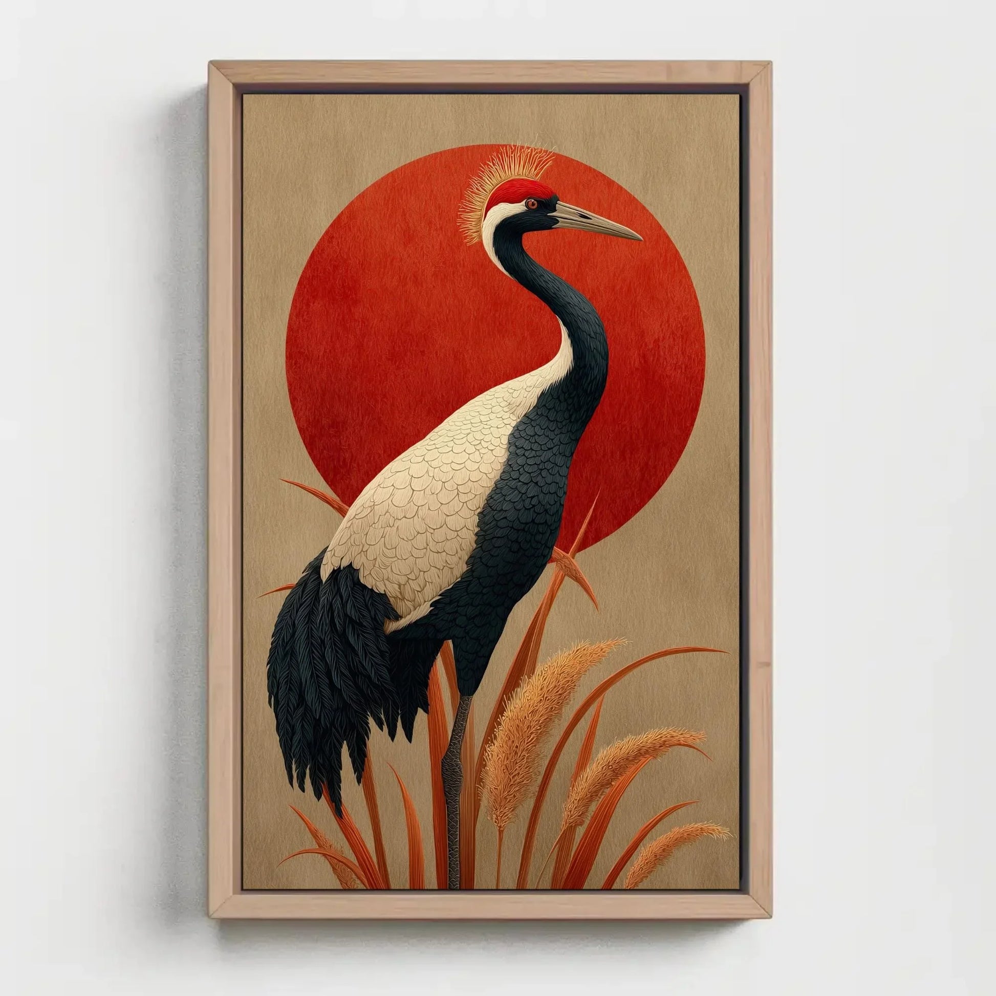 Japandi Crane Canvas Print, Red Sun Japanese Wall Art, Minimalist Bird Decor, Beige Neutral Zen Artwork, Serene Nature Gift for Home Wall Art – Canvas Print