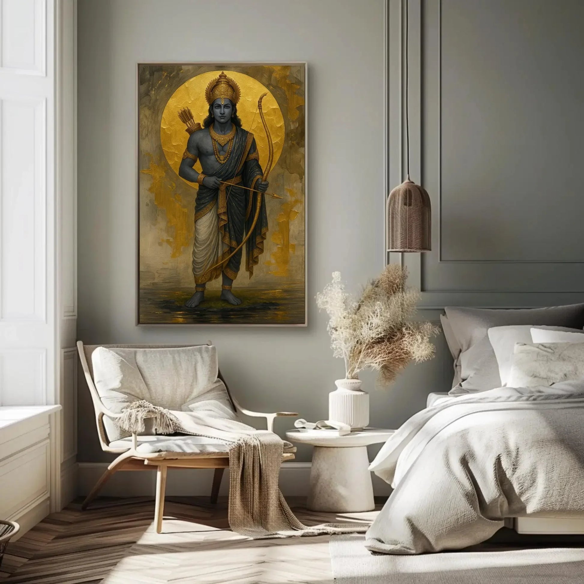 Lord Rama canvas print Golden Moon Hindu god archery painting spiritual Ramayana art wall decor for home mandir or puja room setting Wall Art – Canvas Print