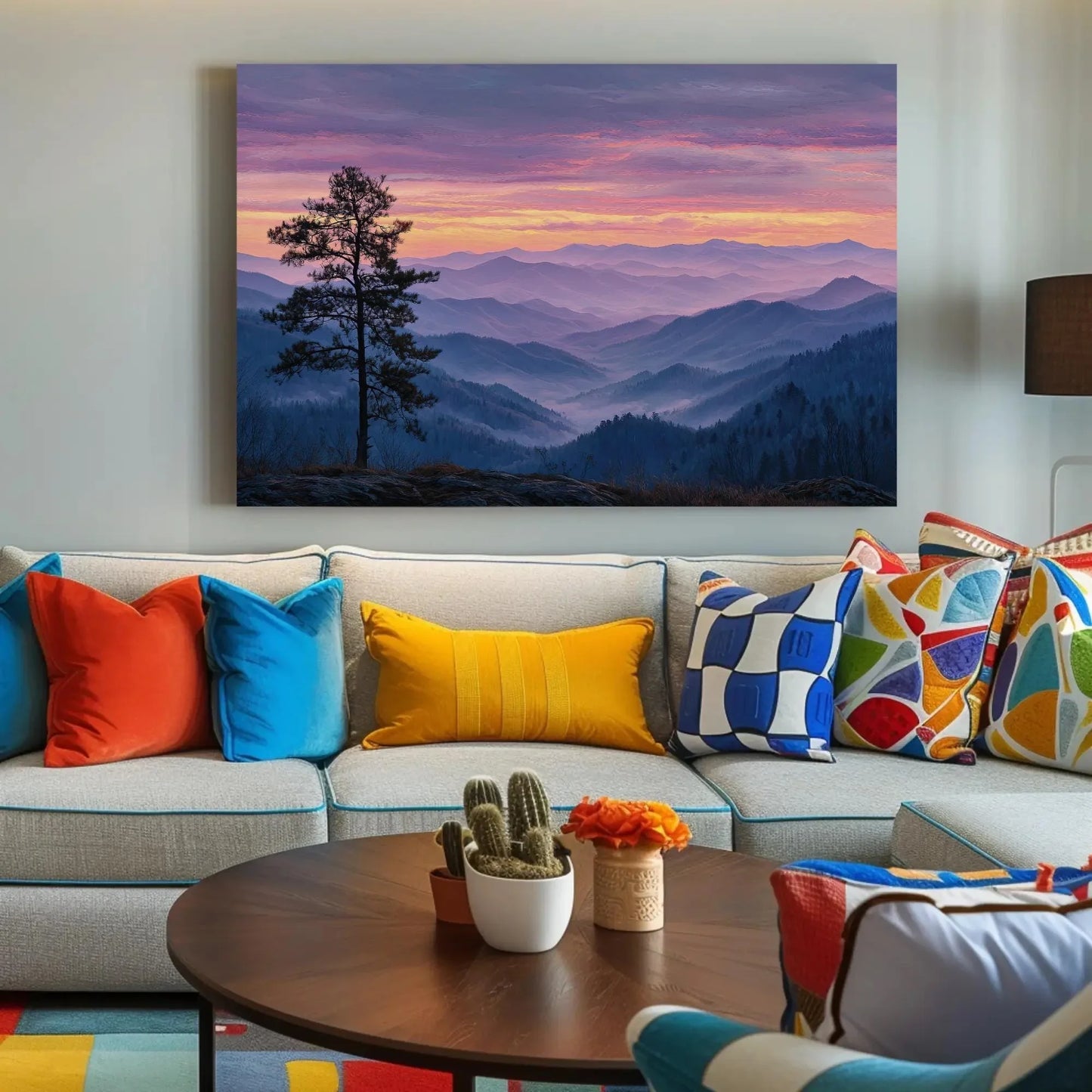 Misty Mountain Sunrise Canvas Print - Pastel Landscape Wall Art, Serene Pine Tree Painting, Tranquil Valley Decor, Nature Escape Artwork Wall Art – Canvas Print