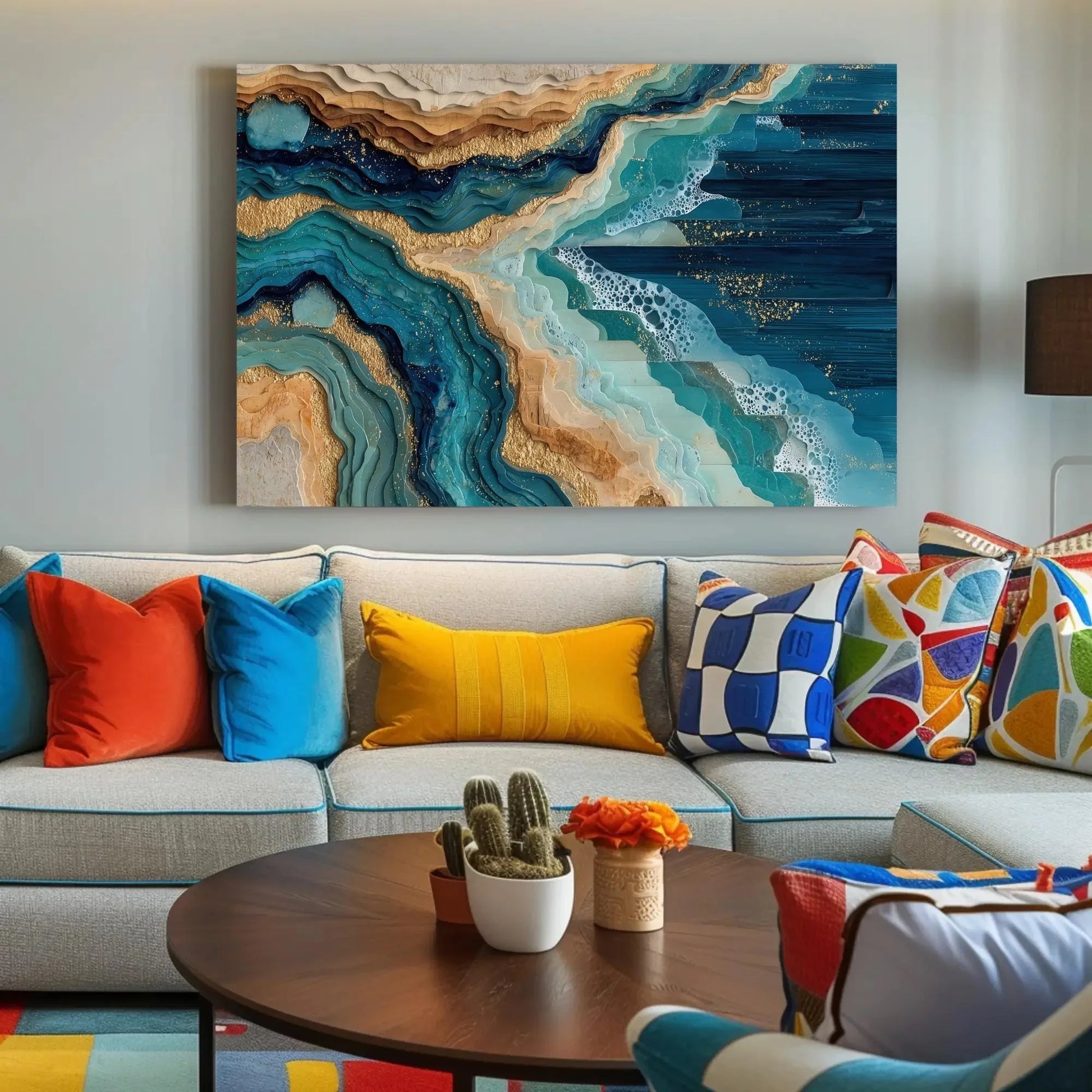 Abstract Ocean Waves Canvas Art, Gold Teal Blue Coastal Wall Decor, Layered Seascape Print, Modern Beach House Art, Serene Nature Gift Wall Art – Canvas Print