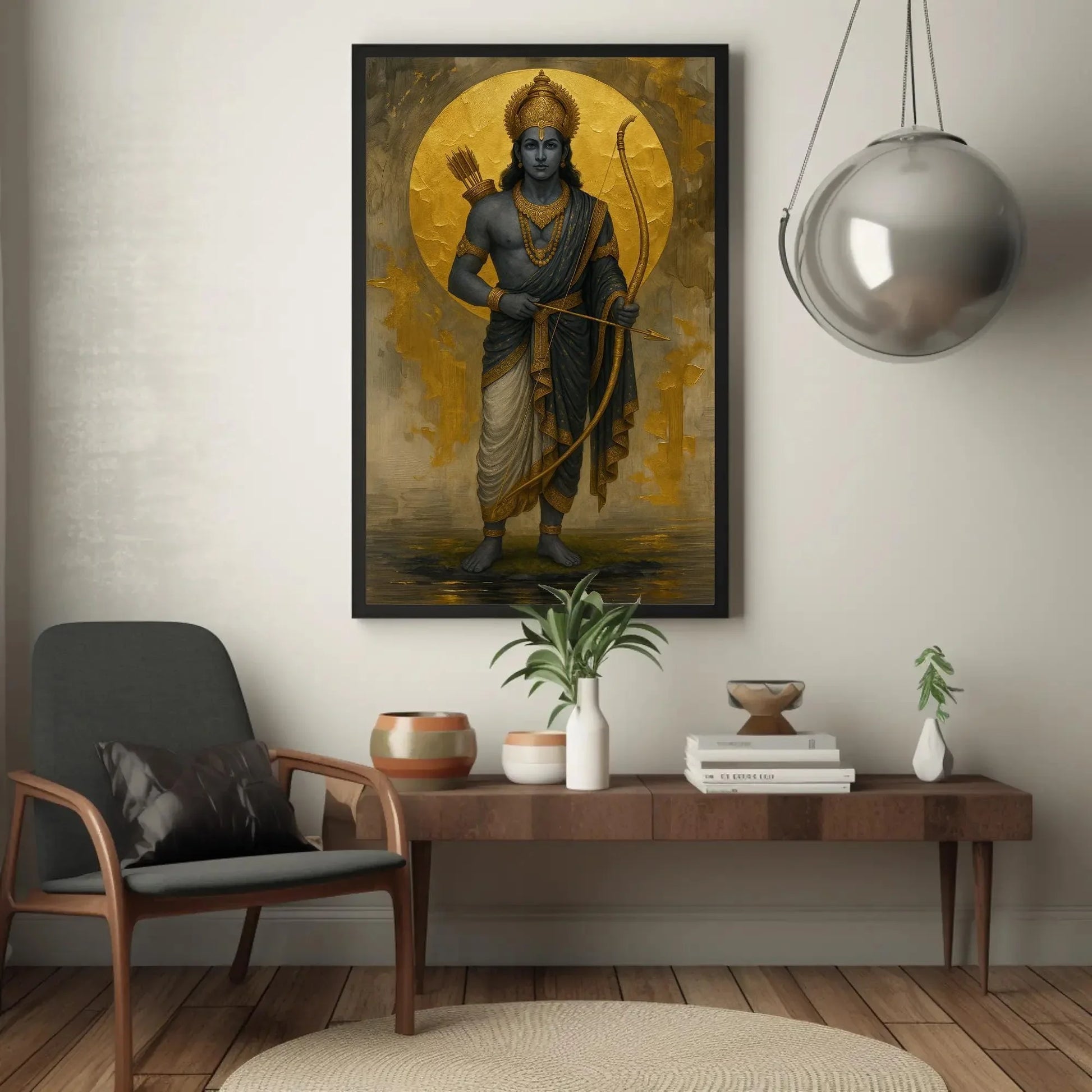 Lord Rama canvas print Golden Moon Hindu god archery painting spiritual Ramayana art wall decor for home mandir or puja room setting Wall Art – Canvas Print