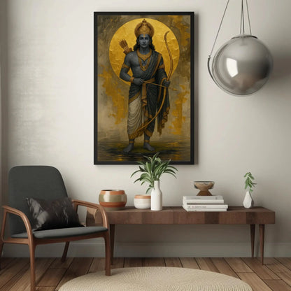 Lord Rama canvas print Golden Moon Hindu god archery painting spiritual Ramayana art wall decor for home mandir or puja room setting Wall Art – Canvas Print