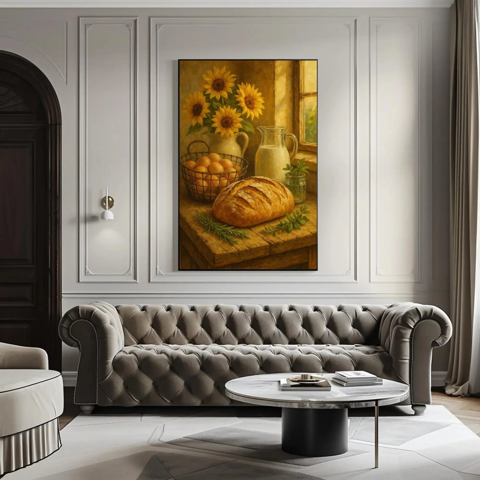 Farmhouse Fresh Kitchen Wall Art | Rustic Bread Eggs Milk Canvas Print | Sunflower Still Life Decor Wall Art – Canvas Print