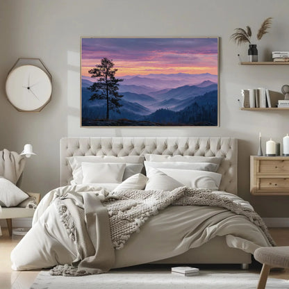 Misty Mountain Sunrise Canvas Print - Pastel Landscape Wall Art, Serene Pine Tree Painting, Tranquil Valley Decor, Nature Escape Artwork Wall Art – Canvas Print