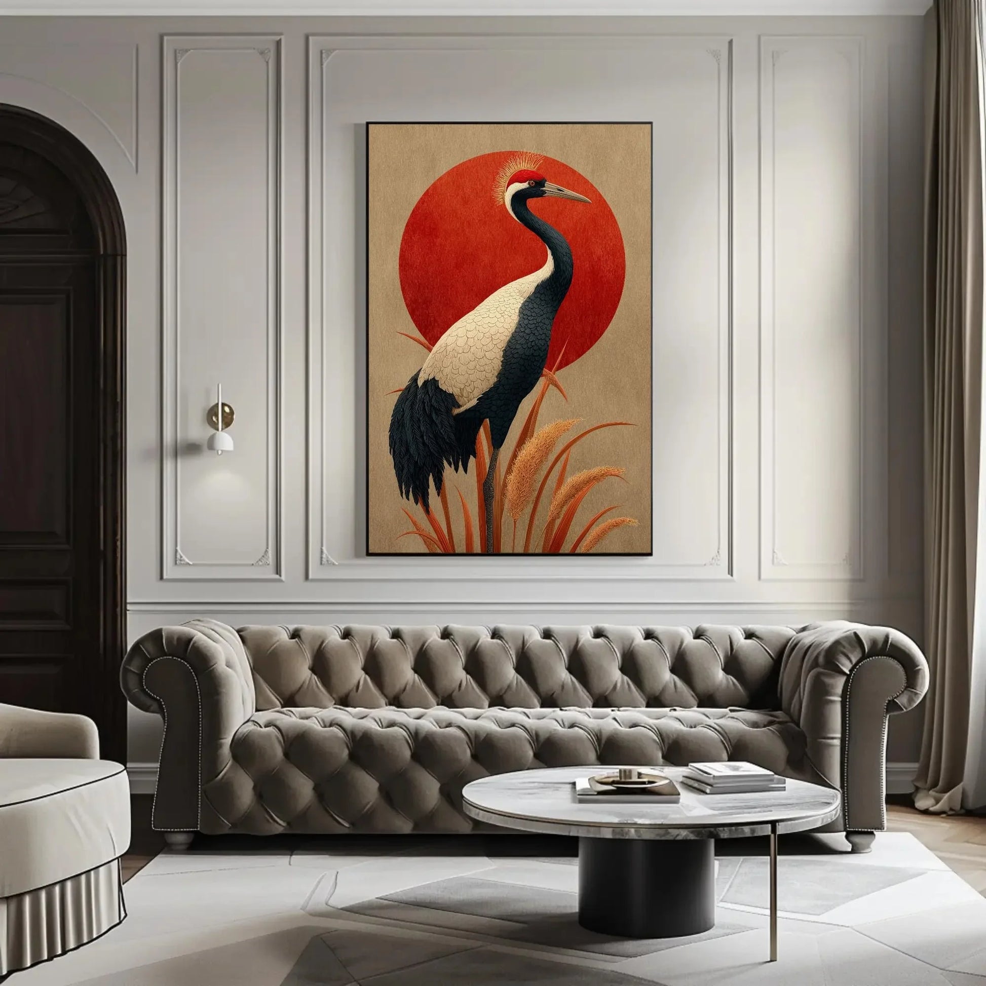 Japandi Crane Canvas Print, Red Sun Japanese Wall Art, Minimalist Bird Decor, Beige Neutral Zen Artwork, Serene Nature Gift for Home Wall Art – Canvas Print