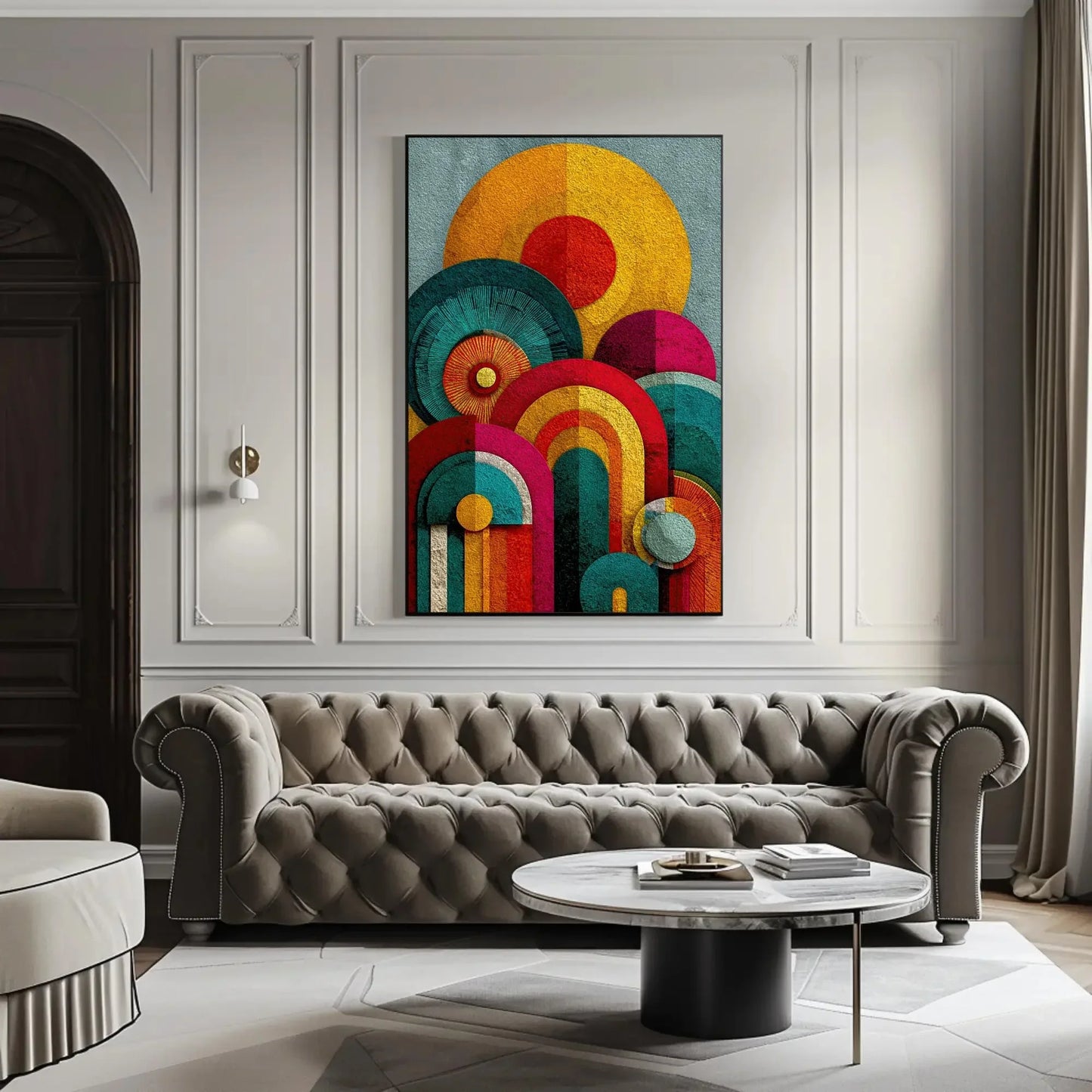 Retro Geometric Canvas Art, 70s Inspired Abstract Print, Vibrant Dopamine Decor, Yellow Orange Pink Teal Wall Art, Textured Circle Design Wall Art – Canvas Print