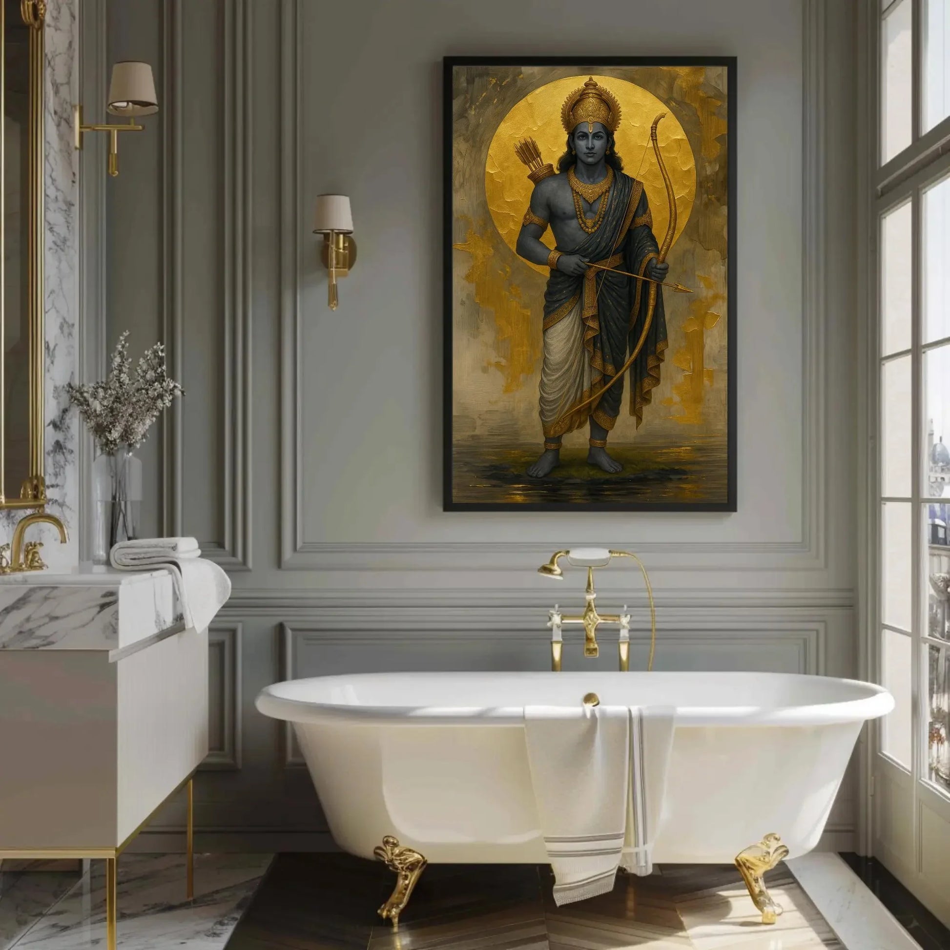 Lord Rama canvas print Golden Moon Hindu god archery painting spiritual Ramayana art wall decor for home mandir or puja room setting Wall Art – Canvas Print