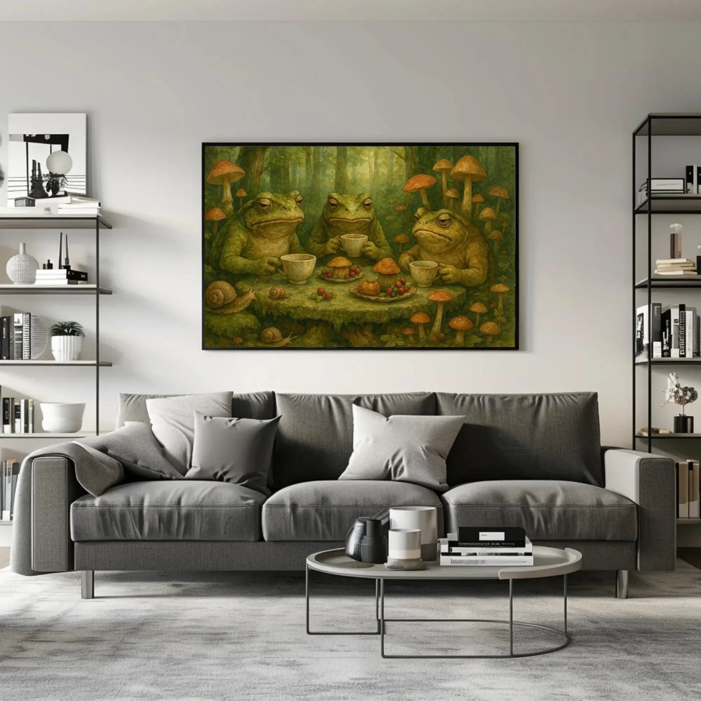 Goblincore Frogs Forest Feast Canvas Print | Whimsical Mushroom Tea Party Art | Enchanted Woodland Decor | Quirky Frog Giclée Wall Art – Canvas Print