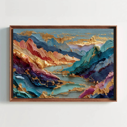 Textured Mountain Abstract Art, Impasto Gold Leaf Canvas Print, Colorful Landscape Painting, Sculptural Wall Decor Large, Vibrant Peaks Wall Art – Canvas Print