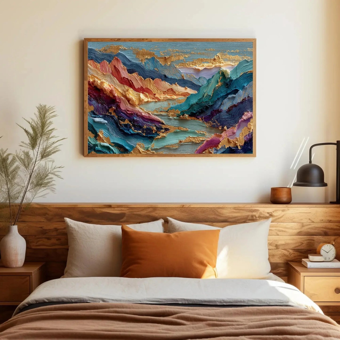 Textured Mountain Abstract Art, Impasto Gold Leaf Canvas Print, Colorful Landscape Painting, Sculptural Wall Decor Large, Vibrant Peaks Wall Art – Canvas Print