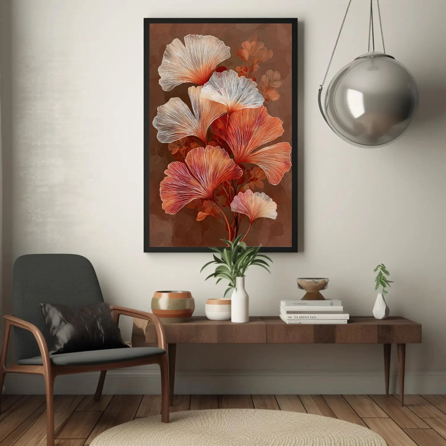 Ginkgo Leaf Canvas Art, Orange White Botanical Print, Modern Mocha Brown Wall Decor, Elegant Line Art Nature, Japanese Inspired Artwork Wall Art – Canvas Print