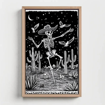 Black and White Skull Desert Canvas Print, Extra Large Mexican Cactus Art, Tattoo-Inspired Wall Decor for Western or Gothic Home Aesthetic Wall Art – Canvas Print