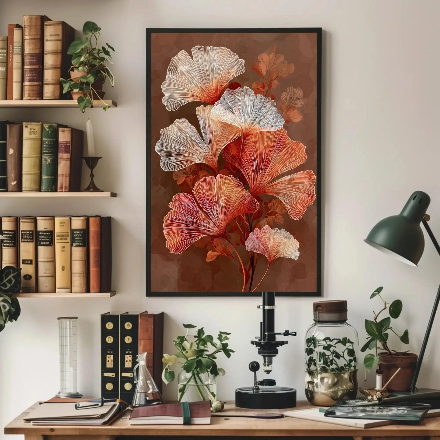 Ginkgo Leaf Canvas Art, Orange White Botanical Print, Modern Mocha Brown Wall Decor, Elegant Line Art Nature, Japanese Inspired Artwork Wall Art – Canvas Print