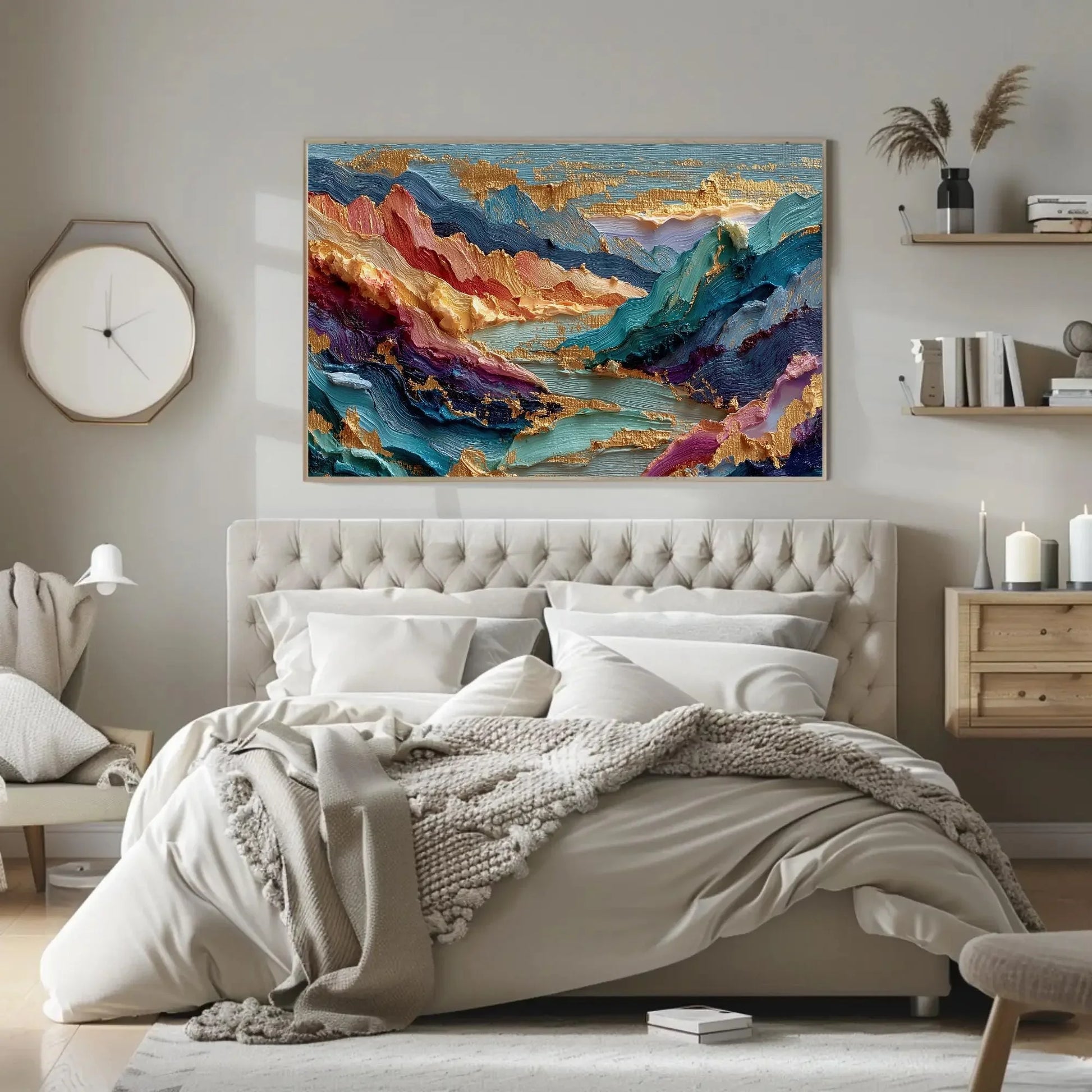 Textured Mountain Abstract Art, Impasto Gold Leaf Canvas Print, Colorful Landscape Painting, Sculptural Wall Decor Large, Vibrant Peaks Wall Art – Canvas Print