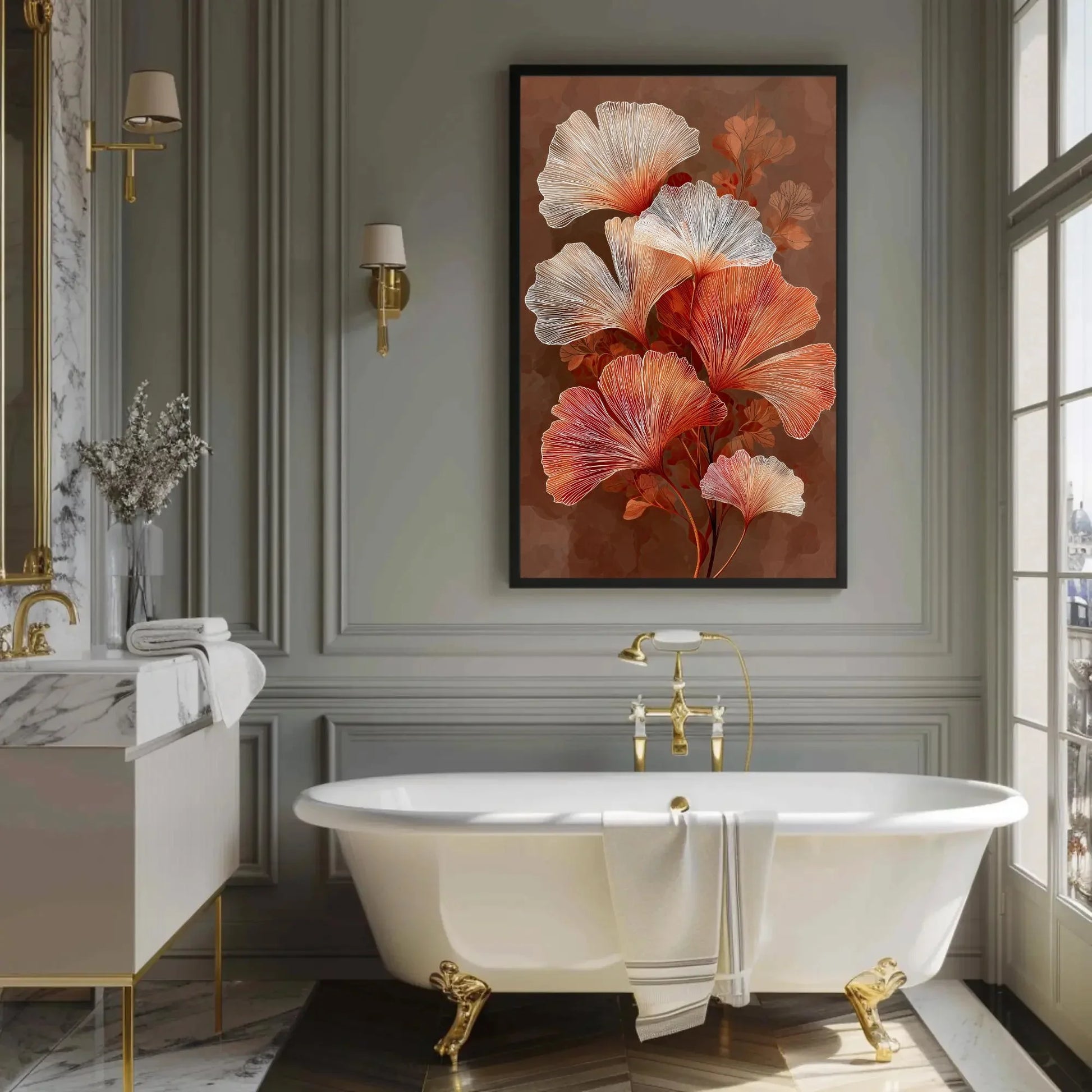 Ginkgo Leaf Canvas Art, Orange White Botanical Print, Modern Mocha Brown Wall Decor, Elegant Line Art Nature, Japanese Inspired Artwork Wall Art – Canvas Print