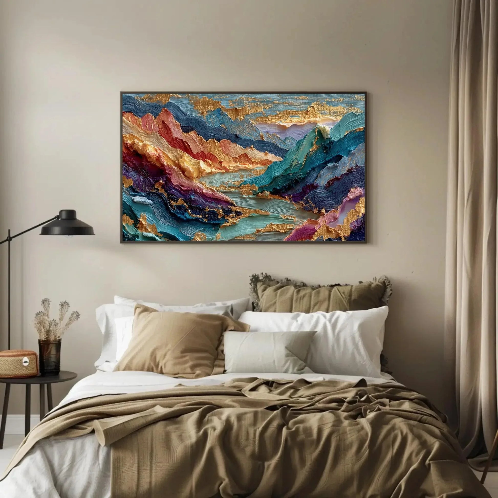 Textured Mountain Abstract Art, Impasto Gold Leaf Canvas Print, Colorful Landscape Painting, Sculptural Wall Decor Large, Vibrant Peaks Wall Art – Canvas Print