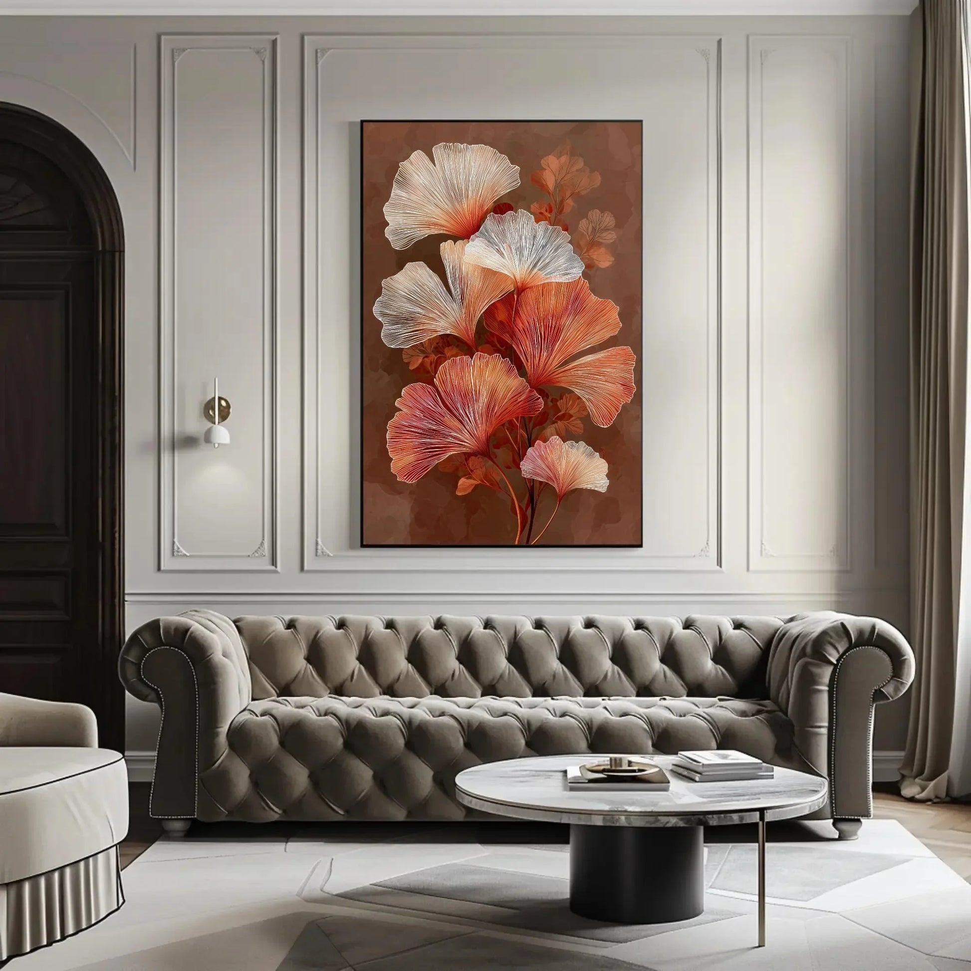 Ginkgo Leaf Canvas Art, Orange White Botanical Print, Modern Mocha Brown Wall Decor, Elegant Line Art Nature, Japanese Inspired Artwork Wall Art – Canvas Print