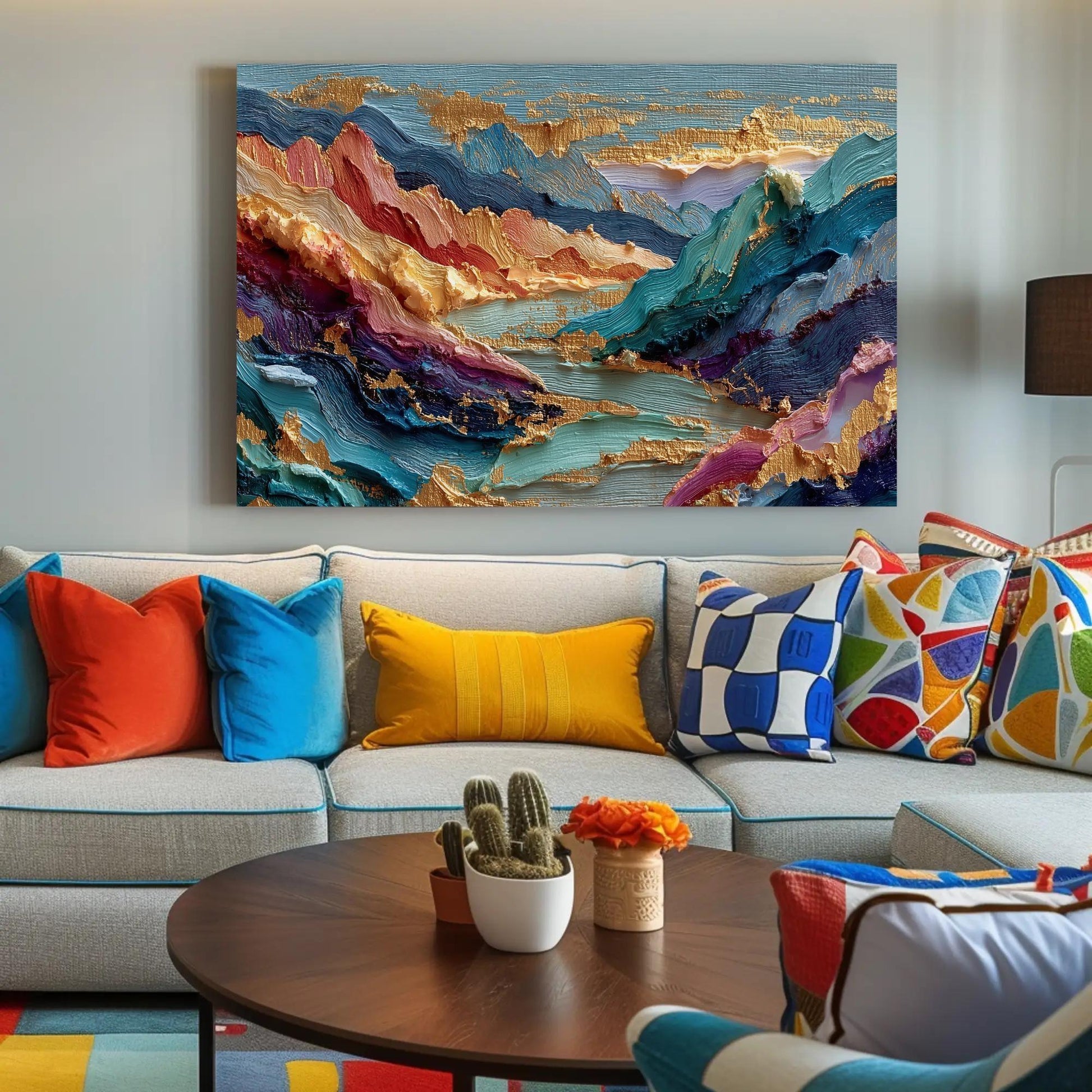 Textured Mountain Abstract Art, Impasto Gold Leaf Canvas Print, Colorful Landscape Painting, Sculptural Wall Decor Large, Vibrant Peaks Wall Art – Canvas Print
