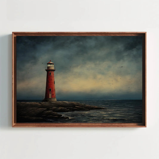 Vintage Lone Lighthouse Oil Painting, Canvas Framed Print, Coastal and Nautical Decor, Ready to Hang, Ideal for Living Room or Bedroom Wall Art – Canvas Print