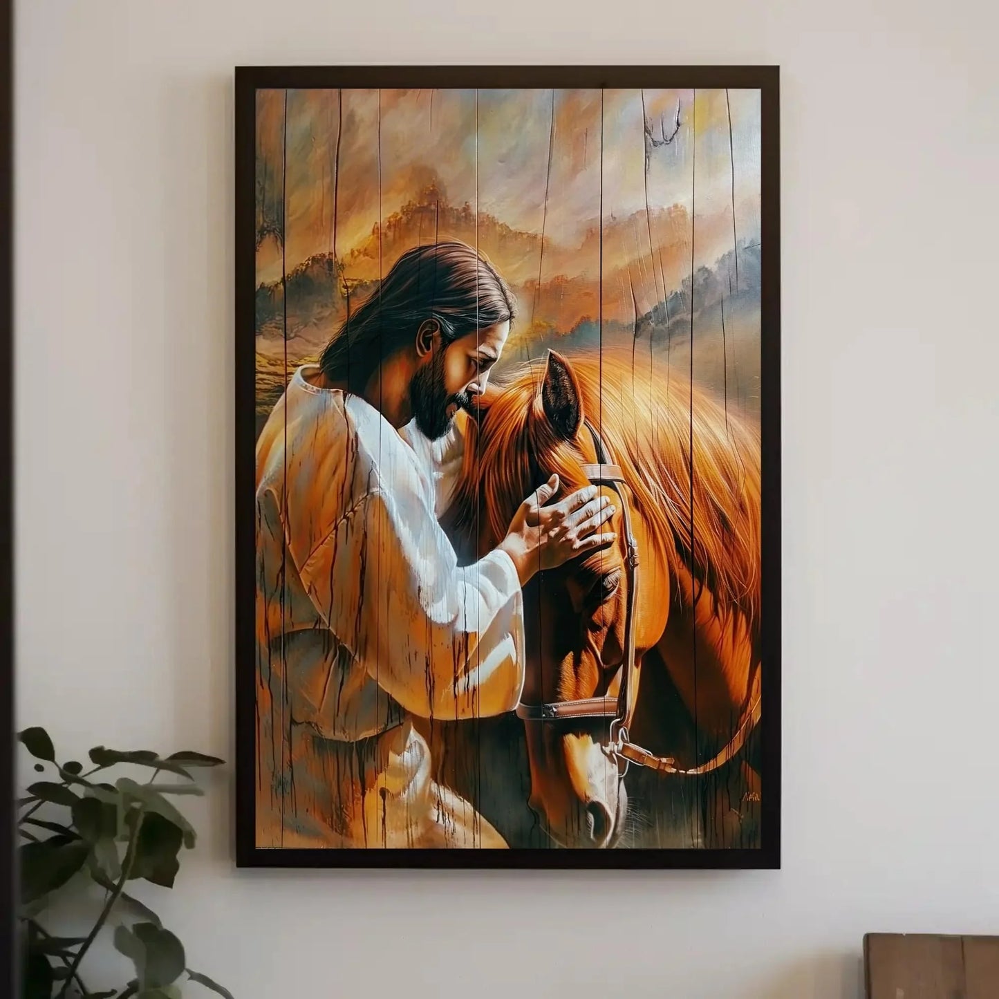 Jesus Christ Petting a Horse Canvas Print - Rustic Wood Effect Wall Art - Christian Decor - Spiritual Art, Framed or Unframed, Ready to Hang Wall Art – Canvas Print