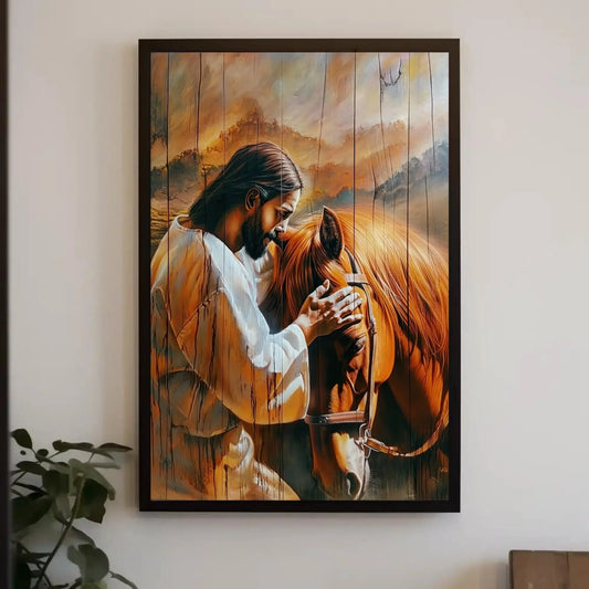 Jesus Christ Petting a Horse Canvas Print - Rustic Wood Effect Wall Art - Christian Decor - Spiritual Art, Framed or Unframed, Ready to Hang Wall Art – Canvas Print