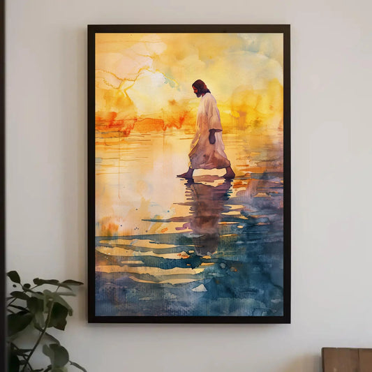 Jesus Walking on Water Sunset Canvas Print - Peaceful Watercolor Christian Painting - Extra Large Faith Wall Art for Home or Prayer Room Wall Art – Canvas Print