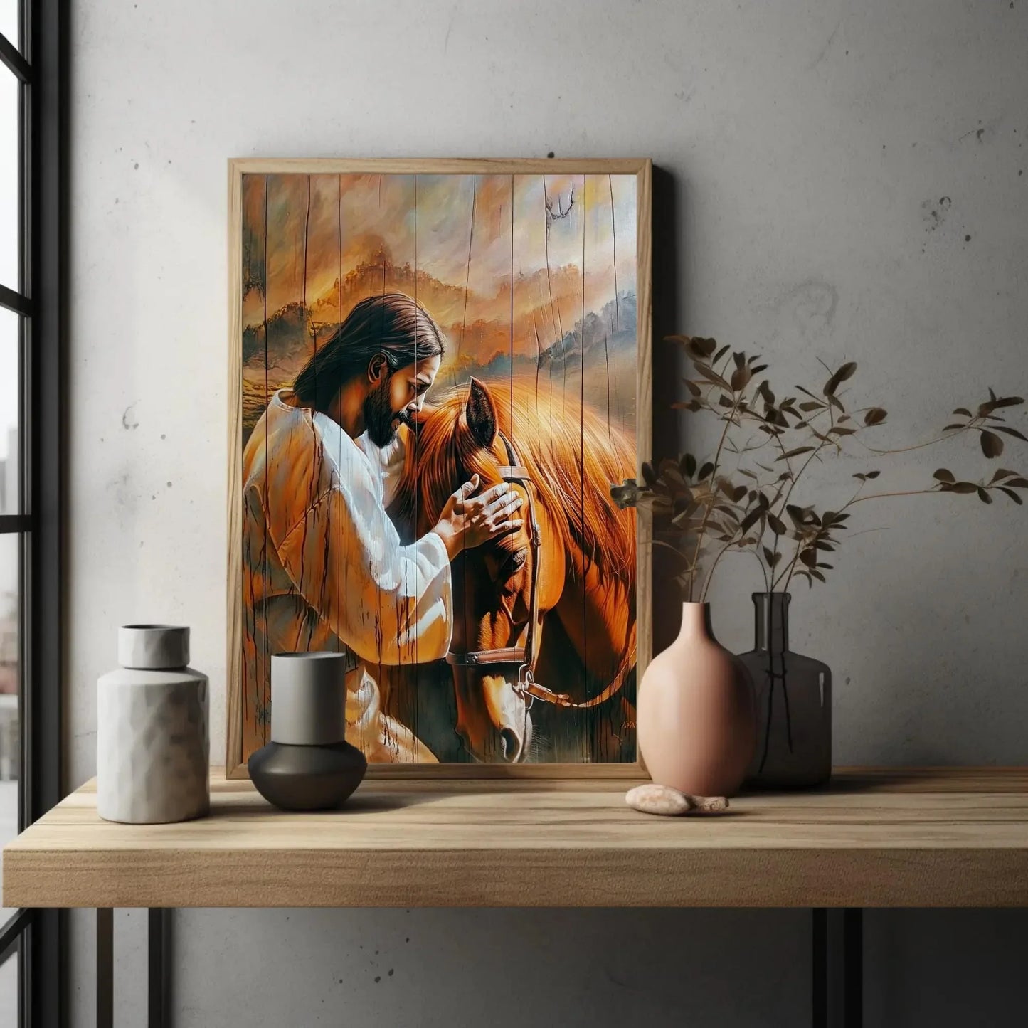 Jesus Christ Petting a Horse Canvas Print - Rustic Wood Effect Wall Art - Christian Decor - Spiritual Art, Framed or Unframed, Ready to Hang Wall Art – Canvas Print