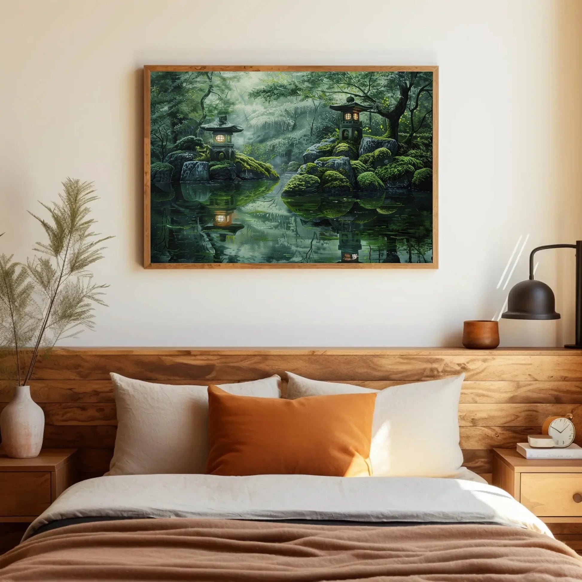 Japanese Zen Garden Canvas Wall Art – Tranquil Lantern Landscape Painting With Reflections And Mossy Rocks For Spa Or Meditation Room Wall Art – Canvas Print