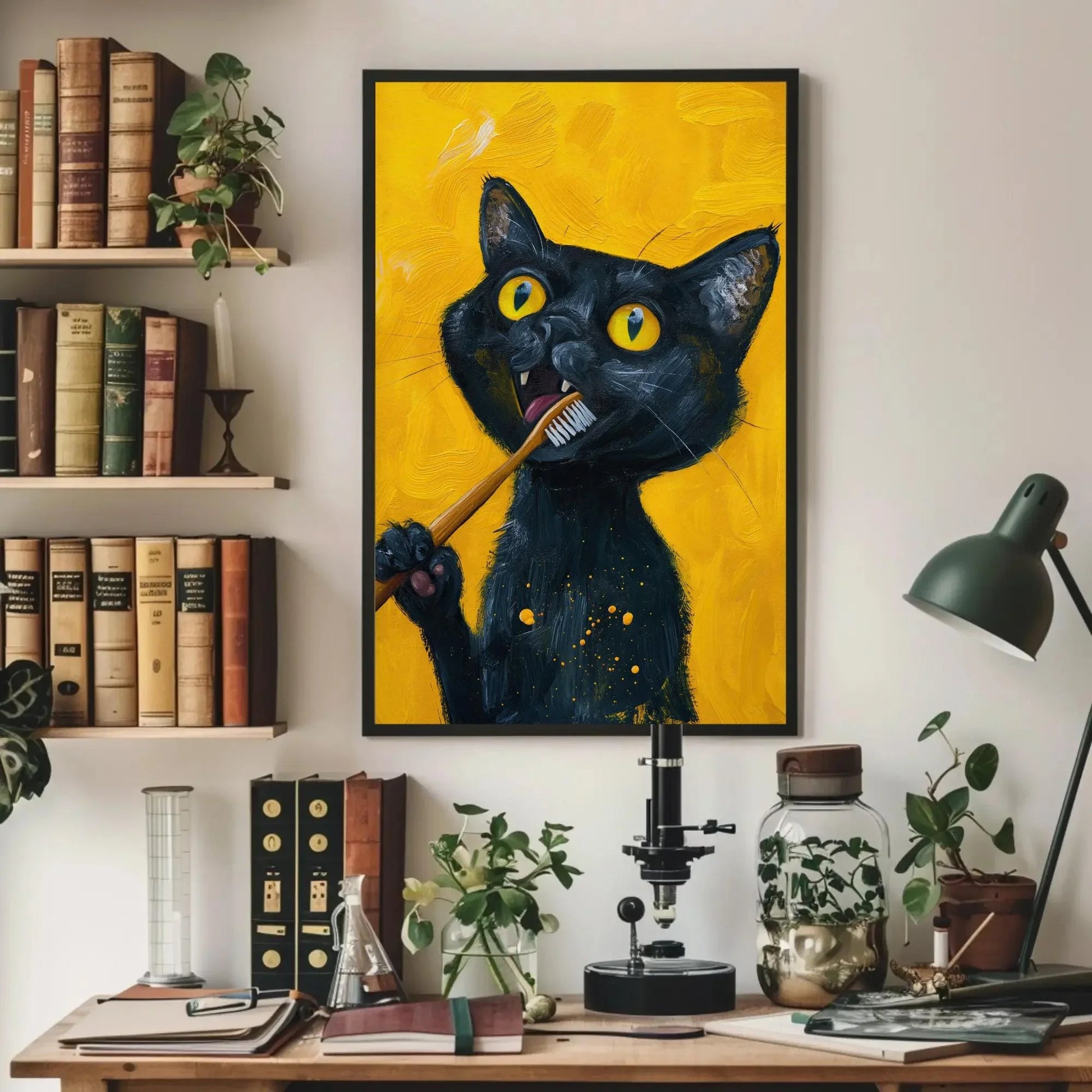 Black Cat Brushing Teeth Canvas Print, Rustic Farmhouse Wall Art, Extra Large Funny Cat Decor, Unique Holiday Gift for Cat Lovers Painting Wall Art – Canvas Print