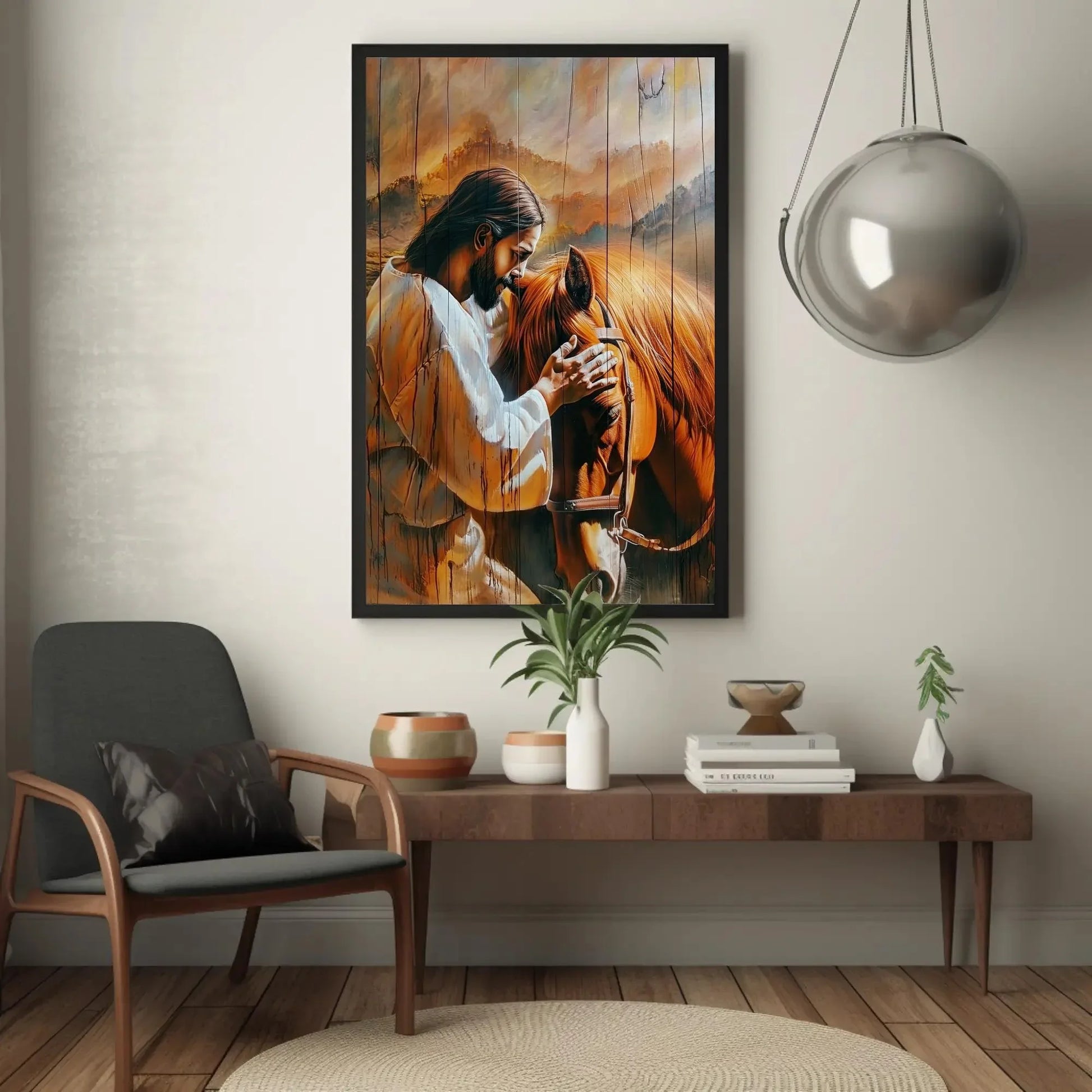 Jesus Christ Petting a Horse Canvas Print - Rustic Wood Effect Wall Art - Christian Decor - Spiritual Art, Framed or Unframed, Ready to Hang Wall Art – Canvas Print