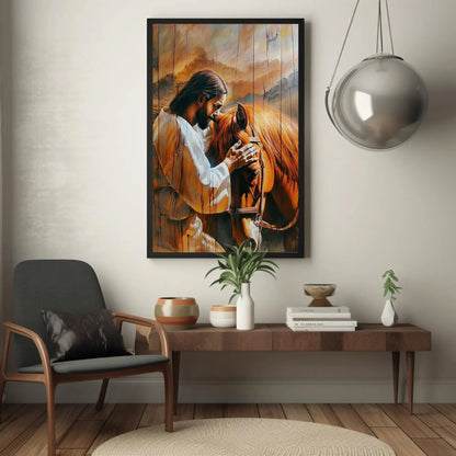 Jesus Christ Petting a Horse Canvas Print - Rustic Wood Effect Wall Art - Christian Decor - Spiritual Art, Framed or Unframed, Ready to Hang Wall Art – Canvas Print