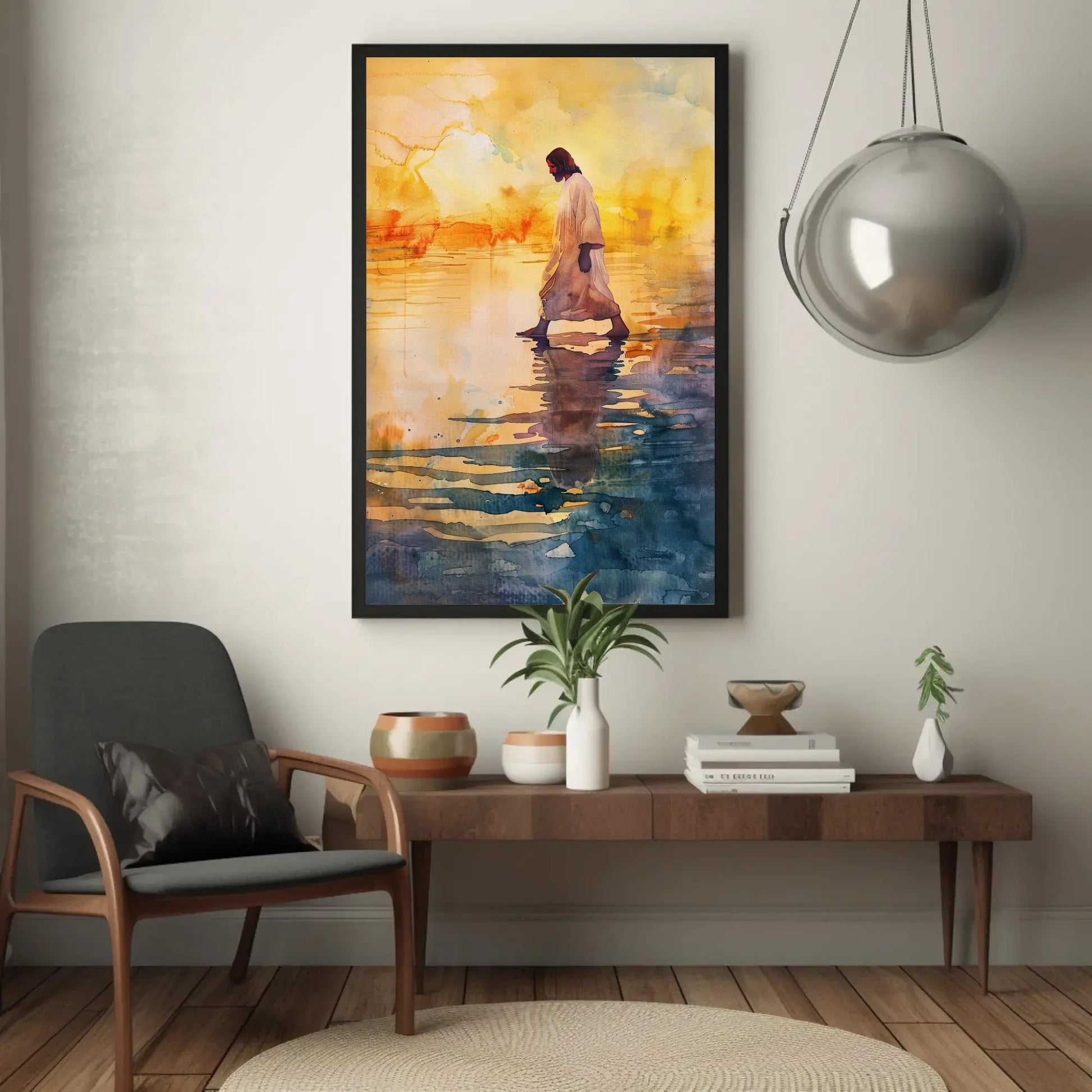 Jesus Walking on Water Sunset Canvas Print - Peaceful Watercolor Christian Painting - Extra Large Faith Wall Art for Home or Prayer Room Wall Art – Canvas Print