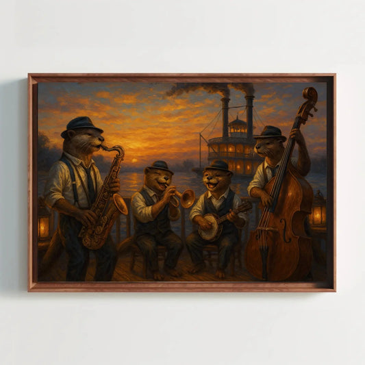 Otters Riverboat Jazz Band Canvas Print | Sunset Music Wall Art | Anthropomorphic Animal Art | Nostalgic Giclée Decor Wall Art – Canvas Print