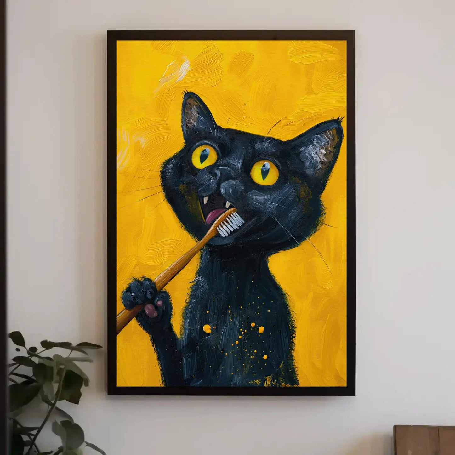 Black Cat Brushing Teeth Canvas Print, Rustic Farmhouse Wall Art, Extra Large Funny Cat Decor, Unique Holiday Gift for Cat Lovers Painting Wall Art – Canvas Print
