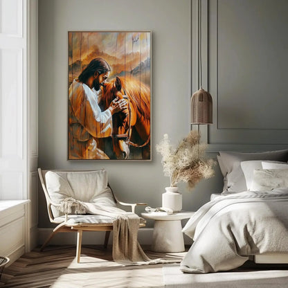 Jesus Christ Petting a Horse Canvas Print - Rustic Wood Effect Wall Art - Christian Decor - Spiritual Art, Framed or Unframed, Ready to Hang Wall Art – Canvas Print