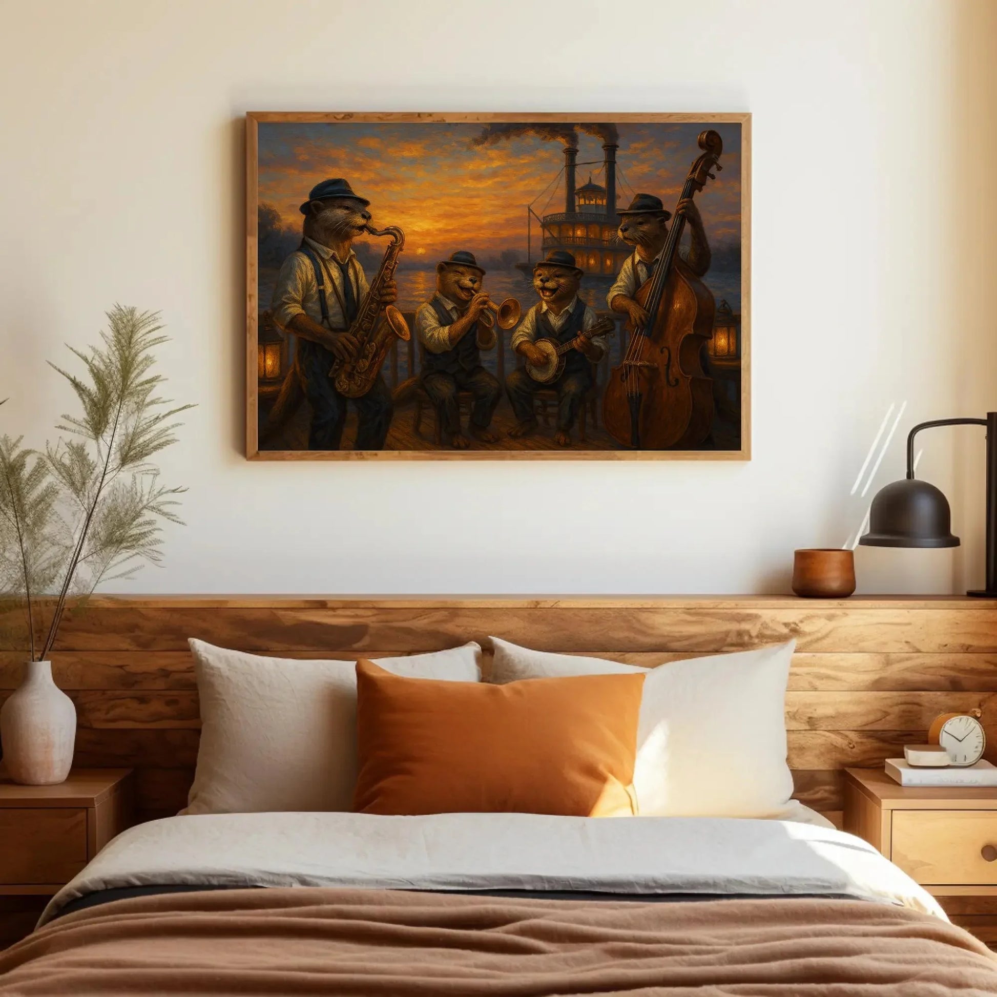 Otters Riverboat Jazz Band Canvas Print | Sunset Music Wall Art | Anthropomorphic Animal Art | Nostalgic Giclée Decor Wall Art – Canvas Print
