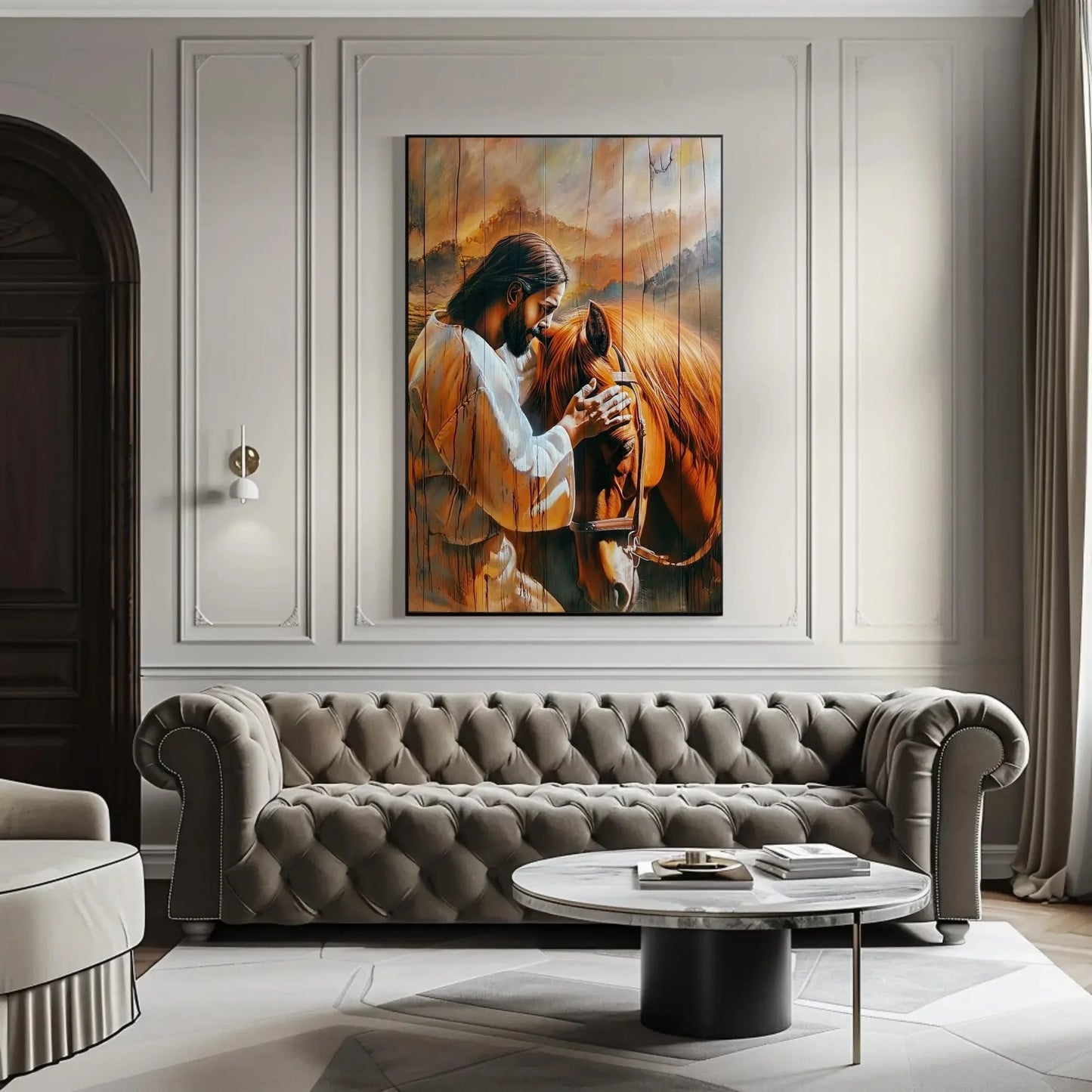 Jesus Christ Petting a Horse Canvas Print - Rustic Wood Effect Wall Art - Christian Decor - Spiritual Art, Framed or Unframed, Ready to Hang Wall Art – Canvas Print