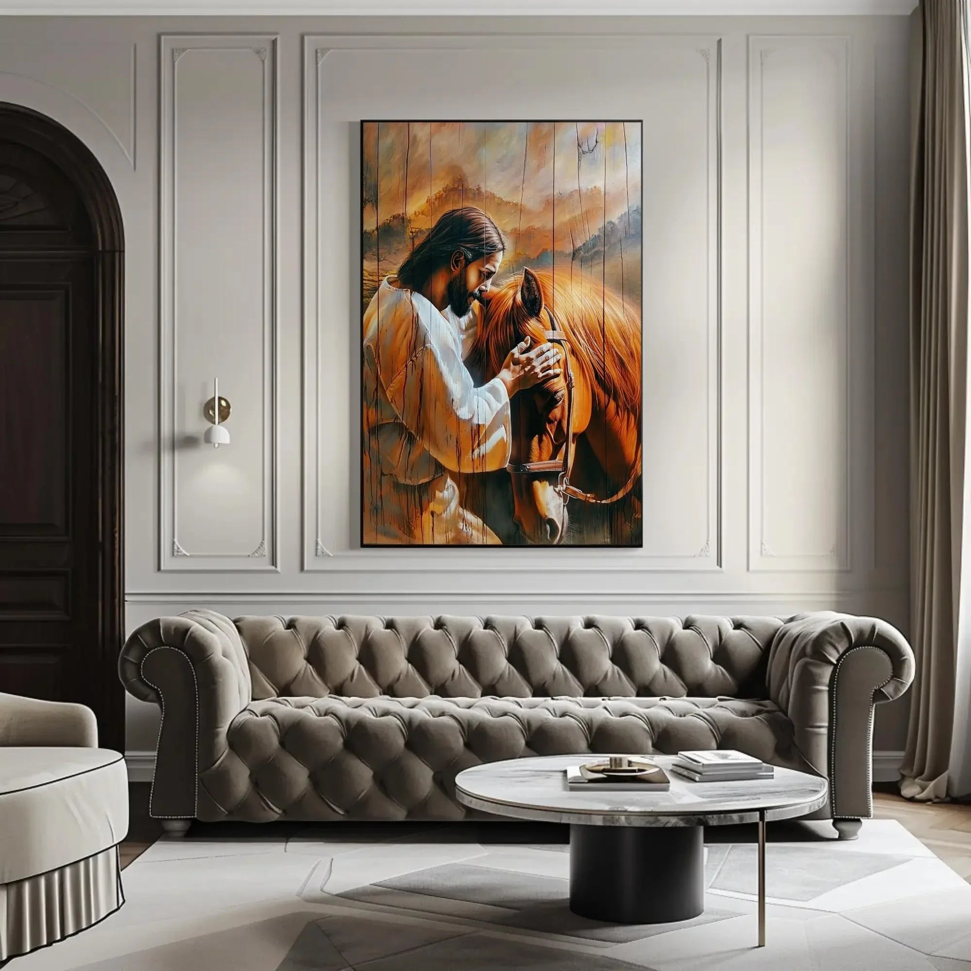 Jesus Christ Petting a Horse Canvas Print - Rustic Wood Effect Wall Art - Christian Decor - Spiritual Art, Framed or Unframed, Ready to Hang Wall Art – Canvas Print