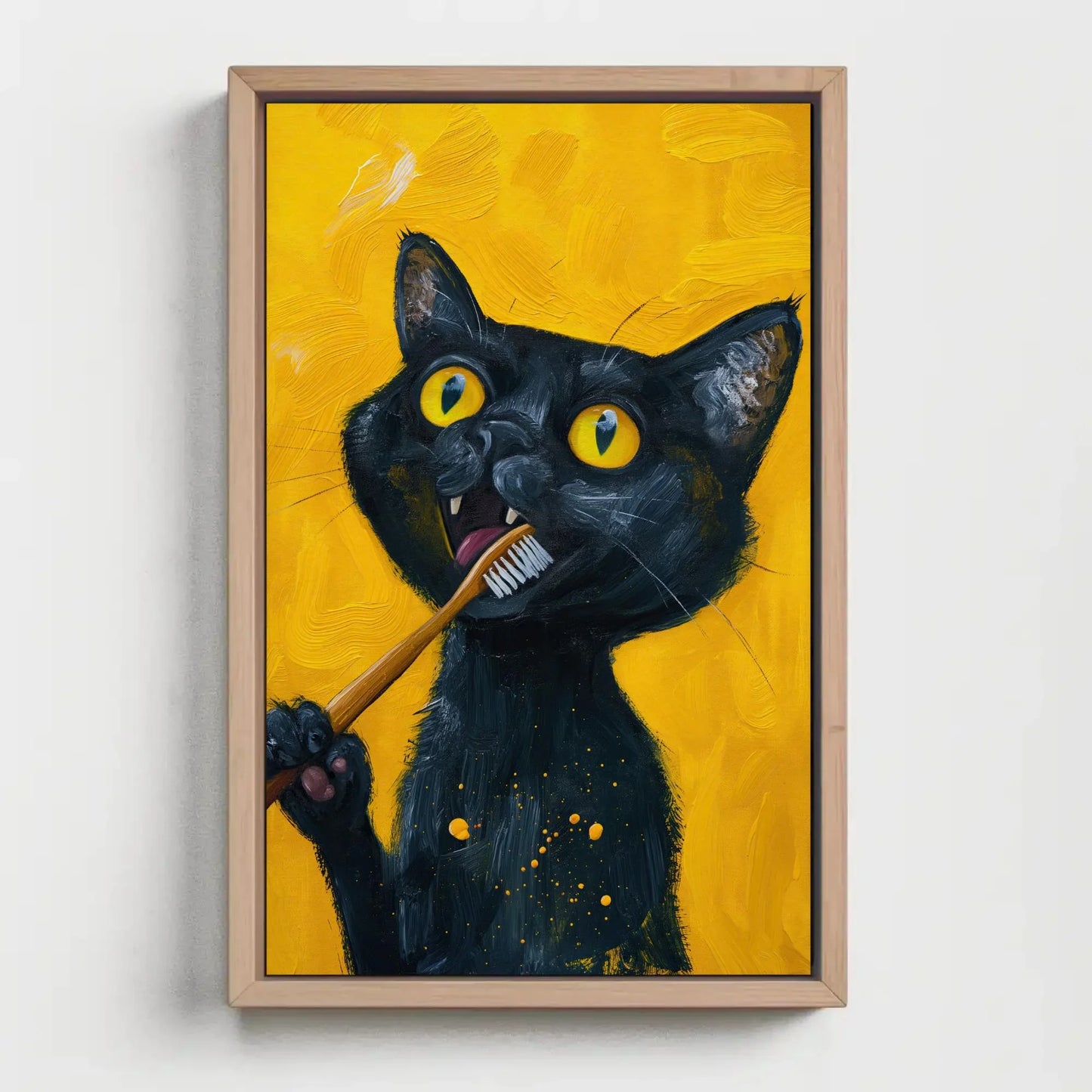 Black Cat Brushing Teeth Canvas Print, Rustic Farmhouse Wall Art, Extra Large Funny Cat Decor, Unique Holiday Gift for Cat Lovers Painting Wall Art – Canvas Print