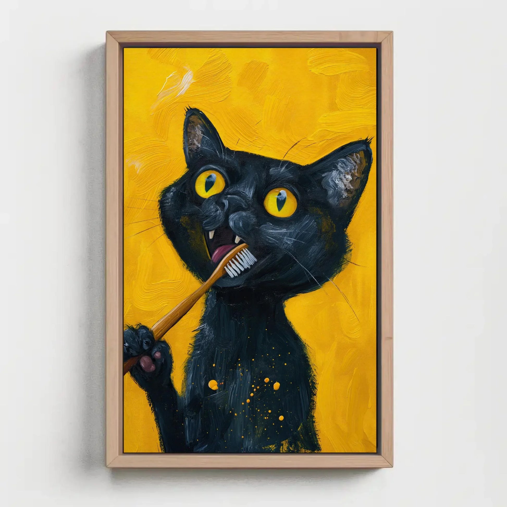 Black Cat Brushing Teeth Canvas Print, Rustic Farmhouse Wall Art, Extra Large Funny Cat Decor, Unique Holiday Gift for Cat Lovers Painting Wall Art – Canvas Print